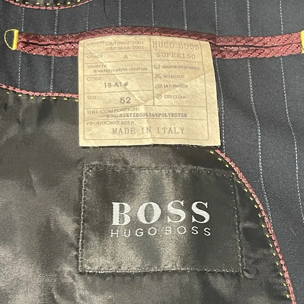 Hugo Boss Super 150 Sz 52 Blazer Sport Coat Mens Navy Blue Pin Stripe Italy